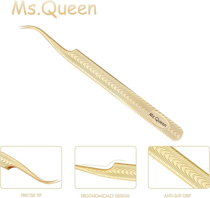 Ms.Queen Lash Tweezers for Eyelash Extension-Professional Lashing Tweezers for Mega Volume Mink Eyelashes Extensions Applying,Curved