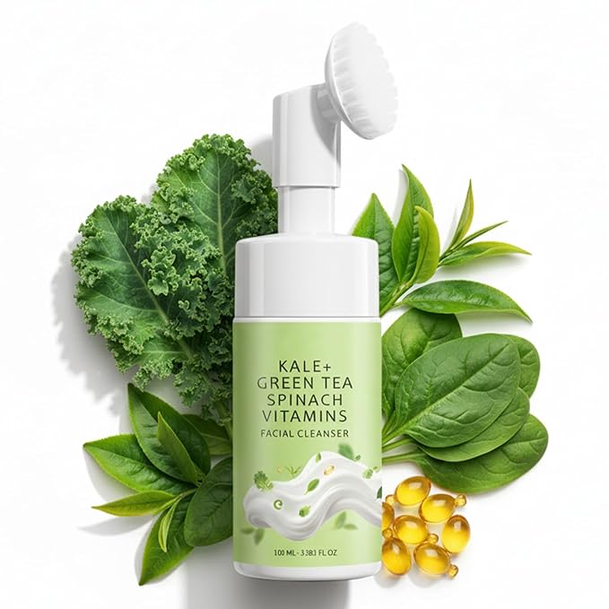 Facial Cleanser with Kale Green Tea Spinach & Vitamins B5 E, Gentle Gel-to-Foam Face Wash, Hydrating Daily Cleanser for All Skin Types, Deep Clean Nourishing Formula, Soft Brush Included, 3.38 FL OZ