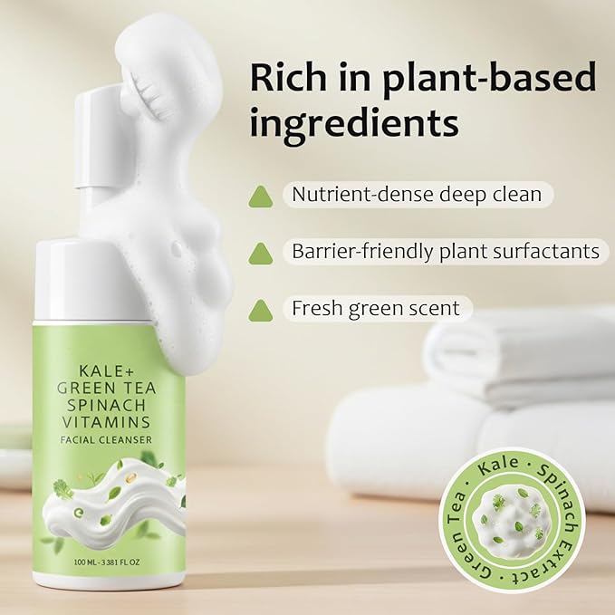 Facial Cleanser with Kale Green Tea Spinach & Vitamins B5 E, Gentle Gel-to-Foam Face Wash, Hydrating Daily Cleanser for All Skin Types, Deep Clean Nourishing Formula, Soft Brush Included, 3.38 FL OZ