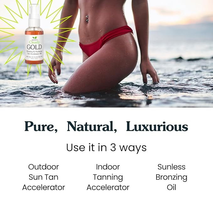 Isabella's Clearly GOLD, Natural Indoor and Outdoor Tanning Oil with Bronzer | Moisturizing Sun Tan Accelerator for a Healthy Bronze Glow with Carrot Seed Oil | Made in USA (4 Oz)