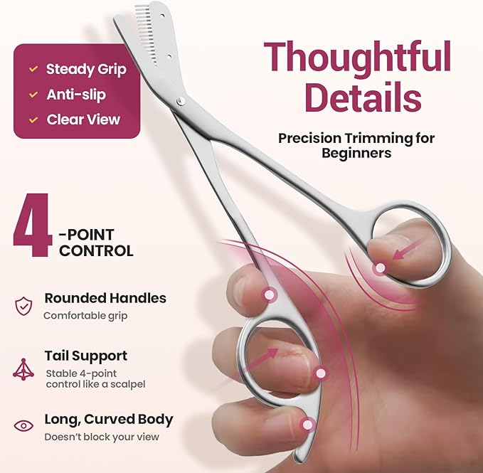THRAU Eyebrow Scissors with Comb, Stainless Steel Precision Eyebrow Trimmer for Women, Safety Guard for Beginners, Sharp Blades, 2-in-1 Mini Scissors and Grooming Kit for Home or Travel