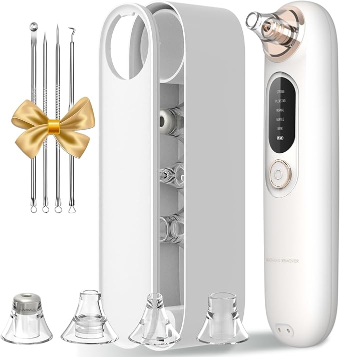Blackhead Remover Pore Vacuum Kit for Face, 5 Adjustable Suction Levels Blackhead Extraction Tool, Face Suction Pore Cleaner with 4 Suction Heads, 4 Probes for Women & Men (White)