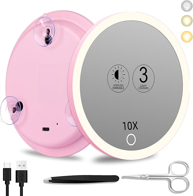 10x Lighted Magnifying Mirror with Suction Cups, Large 6'' Magnified Mirror with Light, Rechargeable Battery, 3 Colors Dimming Light, with Tweezers & Scissors