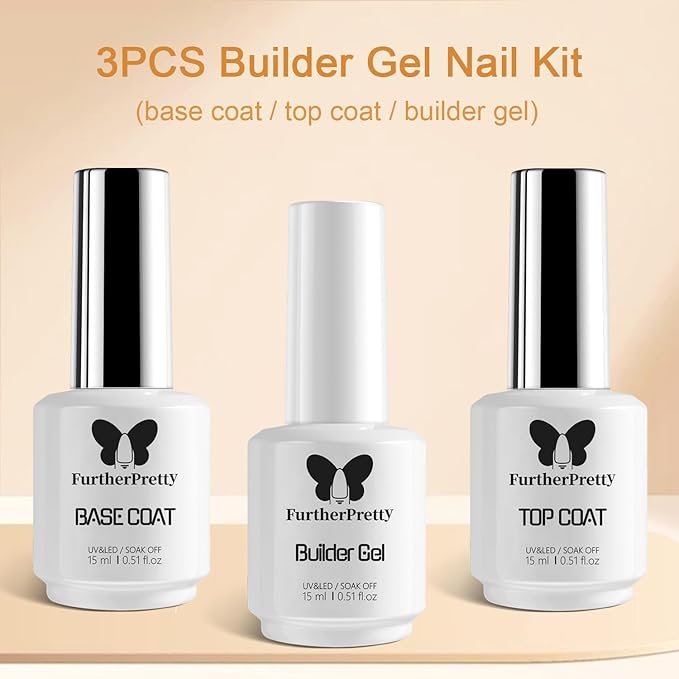 Builder Gel Nail Kit, 3PCS Set 15ml No Wipe Top Coat, Base Coat, and Nail Glue Gel for Nail Extension, UV LED Soak Off Gel Nail Polish Kit for Home Manicure and Professional Salon Use