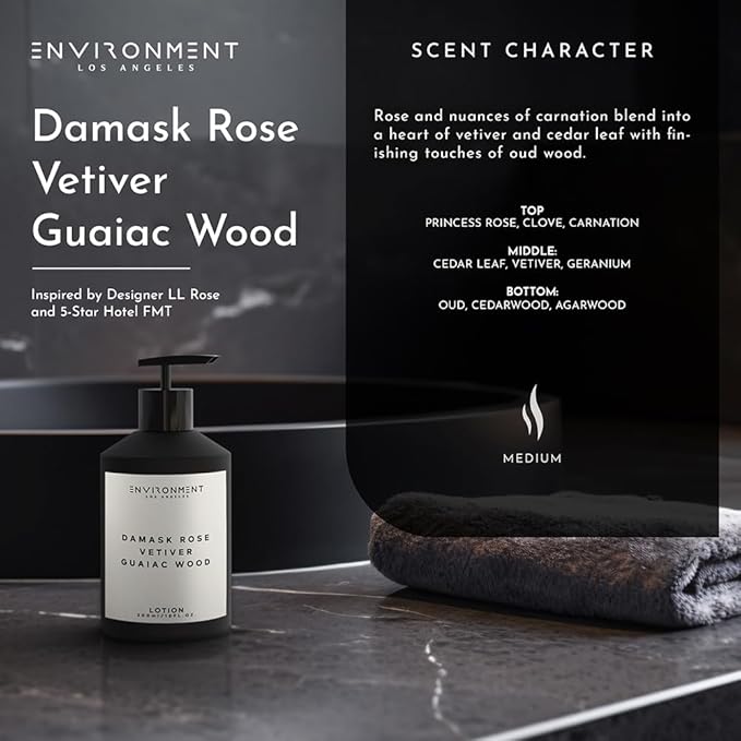 ENVIRONMENT Inspired by 5-Star Resort FMT Lotion, 300ml Luxury Scented Lotion (Damask Rose | Vetiver | Guaiac Wood) Bathroom Luxury, Men & Women High-End Body Lotion, Hand Cream, Dry Skin Treatment