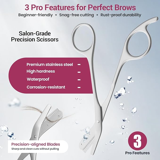 THRAU Eyebrow Scissors with Comb, Stainless Steel Precision Eyebrow Trimmer for Women, Safety Guard for Beginners, Sharp Blades, 2-in-1 Mini Scissors and Grooming Kit for Home or Travel