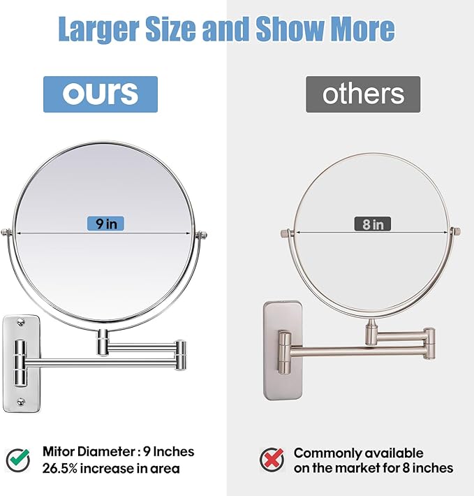 Large Size 9-in Wall Mounted Magnifying Makeup Mirror 1X/10X Magnification,Extendable Bathroom Mirrors Wall Mount Vanity Mirror for Shaving,12-in Folding Arm,Flexible Adjustable,Space-Saving,No Light