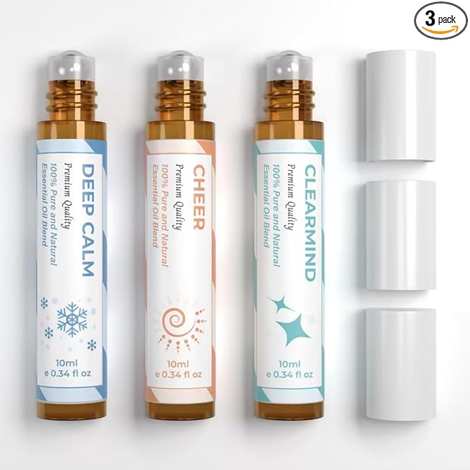 Essential Oil Set (Deep Calm, Cheer, ClearMind), Aromatherapy Roll On Blends for Massage, Body Care & Home Use, Great Fragrance Roller Gift for Men & Women