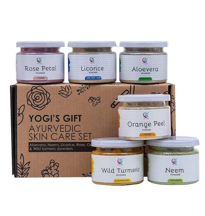YOGI’S GIFT – Celebrating health Ayurvedic Skin Care Sampler | Six Powders in One Pack | Aloe vera, Rose petal, Wild Turmeric, Licorice, Neem & Orange Peel Powders 1oz Each | Soap Making Ingredient