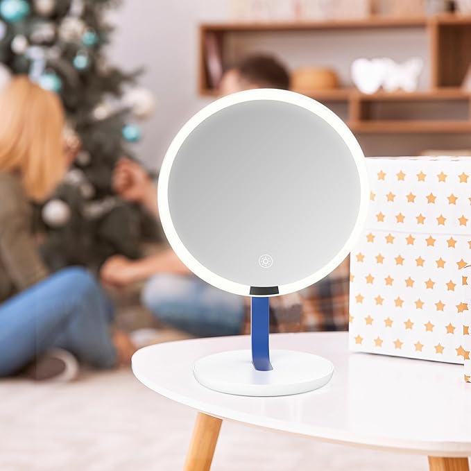9.65-inch Lighting Makeup Mirror, 1x / 10x,Touch Control,3-Color Adjustable,Metal Stand,up and Down Adjustable Makeup Mirror, High Color Rendering, Eye-Protecting Light Source,Ultramarine