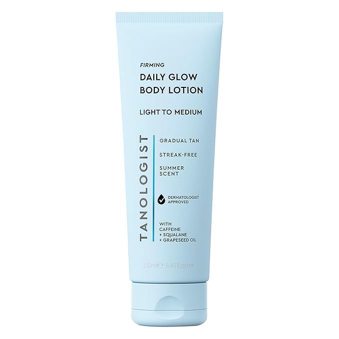 Tanologist Firming Daily Glow Body Lotion- Light/Medium, Fast-Developing, Transfer-Proof Gradual Self Tanner, Summer Scent, Natural Not Orange, Lasts 7 Days, Vegan Formula, 8.45 fl oz