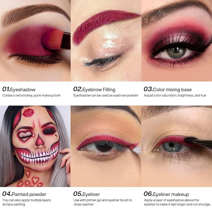 DE'LANCI Wine Red Eyeshadow Matte Single, Intense Color Claret Red Eyeshadow Palette, Pigmented Smooth Formula Dark Red Makeup for Girl and Women, for Eyes Face Body Paint Halloween SFX Gothic Makeup