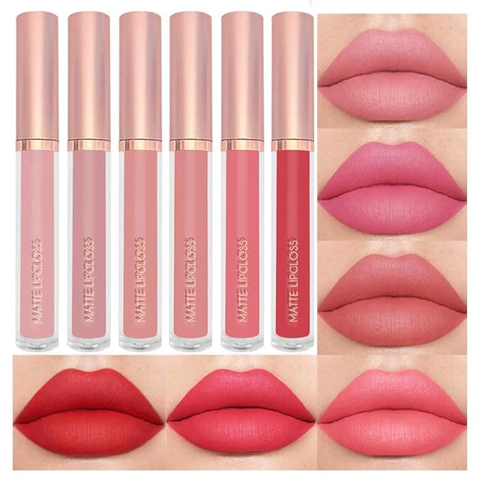 BestLand 6PCS Nude & Coral Liquid Lipstick Set, Matte Lip Gloss Long Lasting Waterproof, Lightweight Full Coverage Lip Color Collection with Nude Rose Peachy Coral Bright Red Shades for Daily Makeup