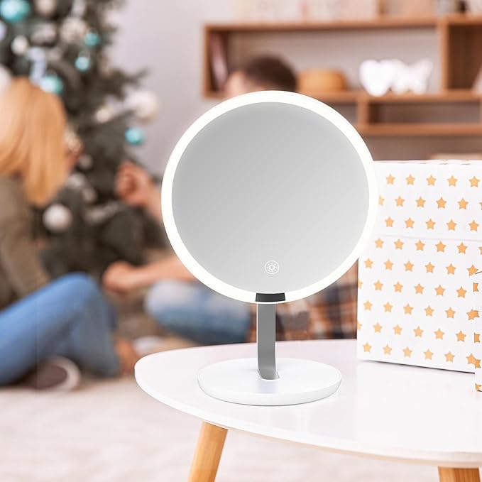 9.65-inch Lighting Makeup Mirror, 1x / 10x,Touch Control,3-Color Adjustable,Metal Stand,up and Down Adjustable Makeup Mirror, High Color Rendering, Eye-Protecting Light Source,Silver