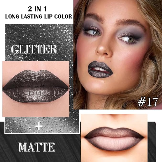 evpct Black Metallic Glitter Lip Liner and Lipstick Combo Lip Gloss Stain Set Makeup for Women Long Lasting Waterproof 24, Goth Gothic Halloween Metallic Shimmer Frosted Iridescent Liquid Lipstick 17