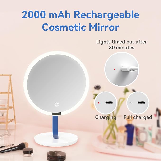 9.65-inch Lighting Makeup Mirror, 1x / 10x,Touch Control,3-Color Adjustable,Metal Stand,up and Down Adjustable Makeup Mirror, High Color Rendering, Eye-Protecting Light Source,Ultramarine