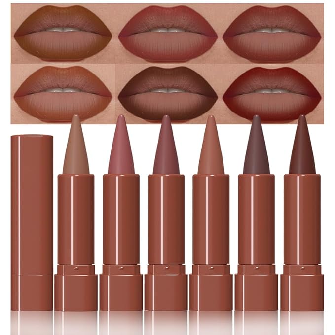 evpct 6Pcs Warm Red Brown Nude Maroon Dark Wine Gradient Matte Lipstick Lip Liner Crayon Combo Pencil Set for Women, Longwear Cream Lipliner and Lipstick Combo Makeup, Flawless Lip Bar Ombre Effect
