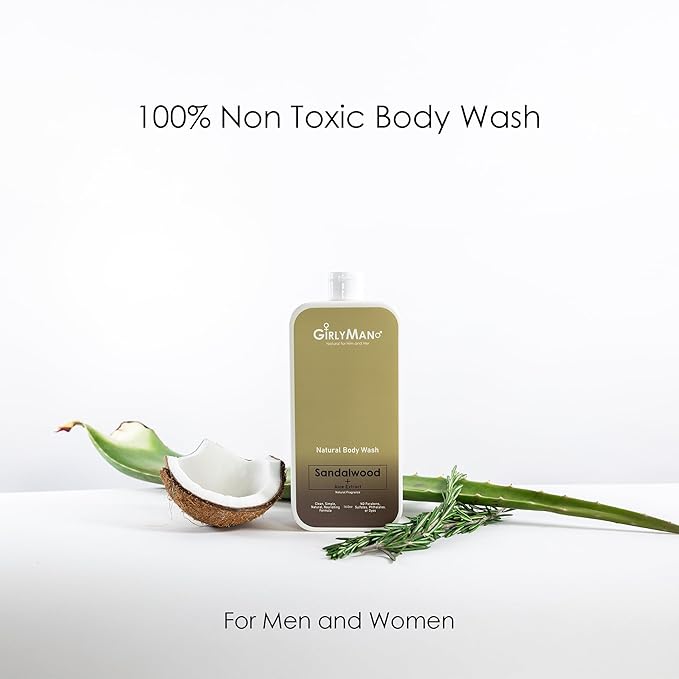 GirlyMan Natural Body Wash - Made with Olive Oil & Aloe Extract, No Artificial Fragrance, PH Balanced, Gentle Formula, Nourishing Ingredients, Family Owned (Sandalwood)