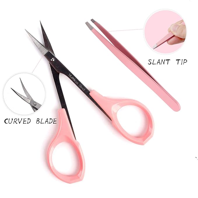 4" Curved Craft Scissors Stainless Steel Unisex Eyebrow Kit Eyebrow Scissors, Slant Tweezers And Eyebrow Brush for Eyebrow Eyelash Extensions Pink Set