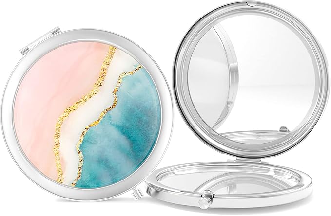Nipichsha Compact Mirror, Pocket Travel Makeup Mirror, 2 - Sided 2X / 1X Magnification, Small Folding Portable Handheld, 2.75 in Silver, Pink Gilt