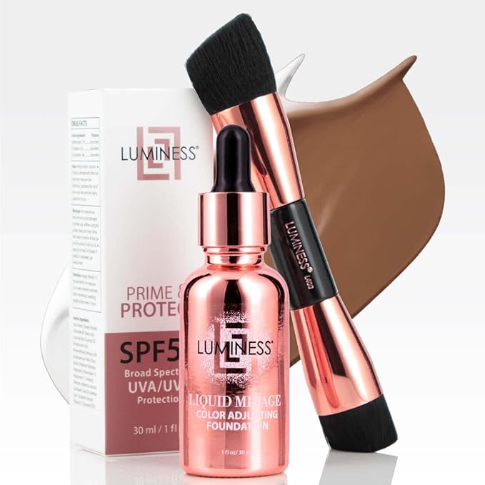 LUMINESS Liquid Mirage 3PC Kit - Color Changing Foundation with SPF 50 Primer & Makeup Brush, Hydrating & Lightweight Face Makeup, 4 in 1 Liquid Foundation, Concealer & Moisturizer (04 Deep)