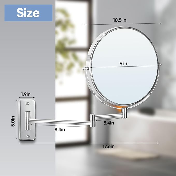 Large Size 9-in Wall Mounted Magnifying Makeup Mirror 1X/10X Magnification,Extendable Bathroom Mirrors Wall Mount Vanity Mirror for Shaving,12-in Folding Arm,Flexible Adjustable,Space-Saving,No Light