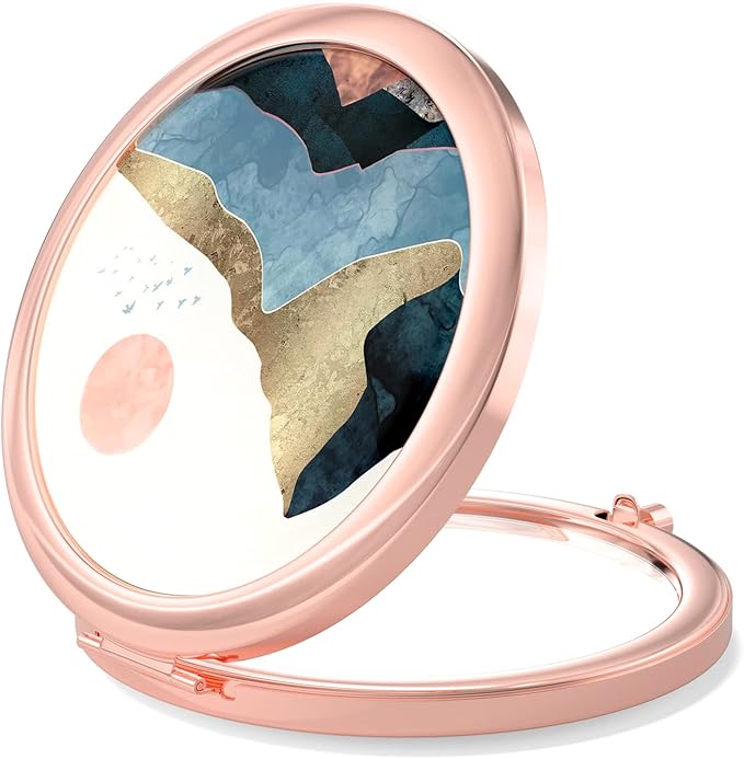 Nipichsha Compact Mirror, Pocket Travel Makeup Mirror, 2 - Sided 2X / 1X Magnification, Small Folding Portable Handheld, 2.75 in Rose Gold, Watercolor Sunrise