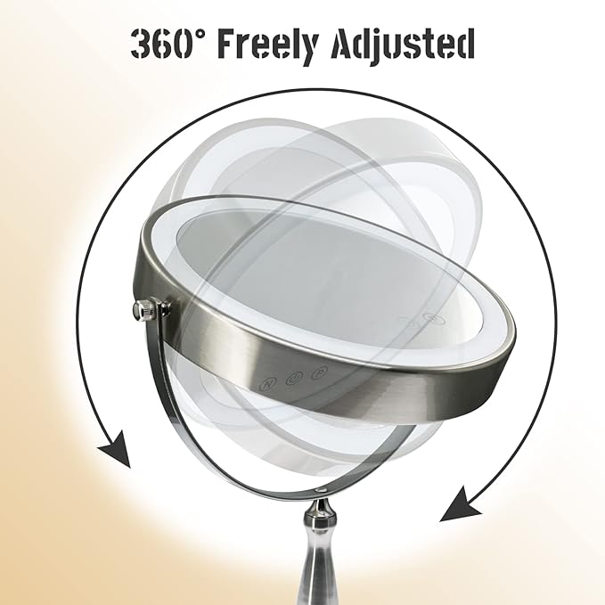 9 "Large Light Makeup Mirror, 1x / 10x True HD Magnifying Mirror, 3-Color Light dimmable, 2 Rechargeable Makeup Mirrors 360° Rotation, Standing Desk Makeup Mirror, Brush Nickel