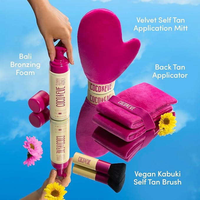 Coco & Eve Bali Bae Self Tan Set (Medium). All Natural Sunless Tanning Mousse. Instant Self Tanning Lotion with Bronzer, Mitt Applicator, Kabuki Brush and Back Applicator for Flawless Application