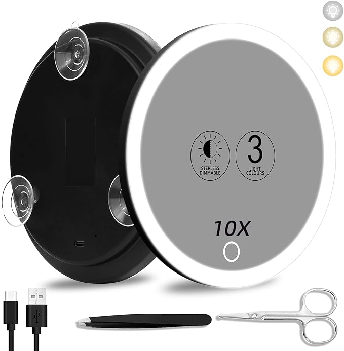 10x Magnifying Mirror with Light, 3 Color Modes Dimming 6'' Lighted 10x Magnified Mirror with 3 Suction Cups, Travel Magnifying Mirror 10x, High Magnification Makeup Mirror with Tweezers & Scissors