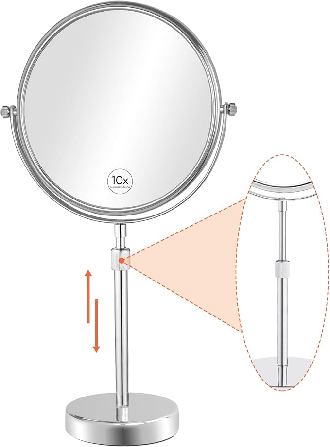 Nicesail 19 Inch Tall Makeup Mirror with 10X Magnification, Make up Mirror 8 Inch Double-Sided, Table Mirror with Pedestal for Shaving, Standing Mirror Height Adjustable Chrome Finish (8 Inch, 10X)