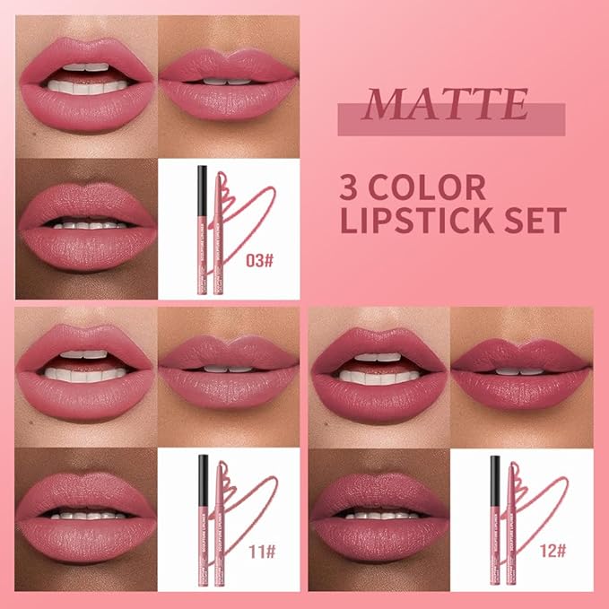Matte Lip Liner Pencil Set, 12 Colors, Waterproof, Smudge-Proof, Long-Lasting, Semi-Glossy Finish for Defining, Contouring (2#, 3Count (Pack of 1))