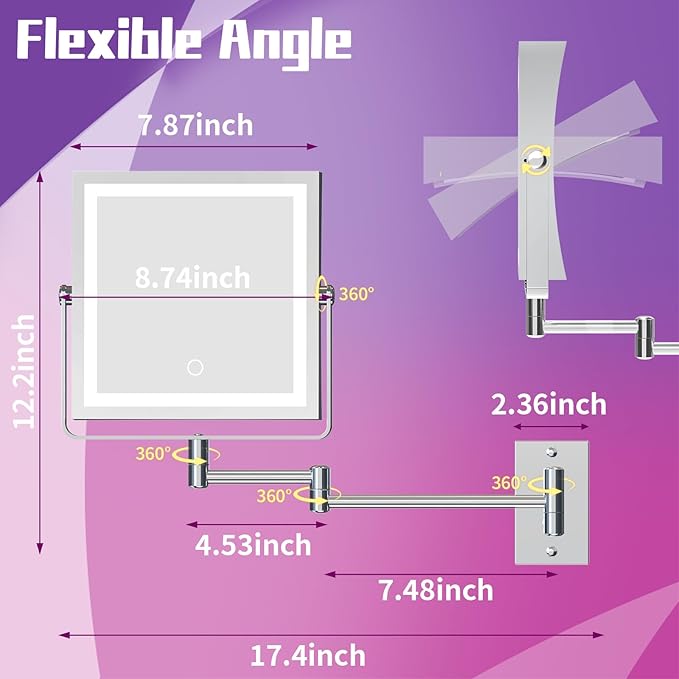 Wall Mounted Makeup Mirror with Lights 4000mAh Rechargeable Double Sided 1X/10X Magnifying Lighted Vanity Mirror with 3 Color Lights & Touch Dimmable 360° Rotation Extension Swing Arm for Bathroom