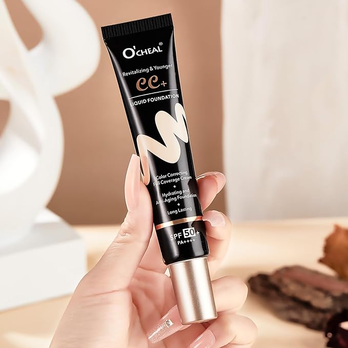 O'CHEAL CC Cream with SPF 50+, Hydrating Color Correcting Cream Full Coverage Lightweight Powder Foundation, Waterproof Long Lasting Pre-makeup Primer Facial Concealer Refine Skin Texture (Natural)