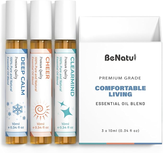 Essential Oil Set (Deep Calm, Cheer, ClearMind), Aromatherapy Roll On Blends for Massage, Body Care & Home Use, Great Fragrance Roller Gift for Men & Women