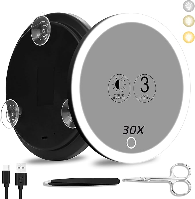 30x Magnifying Mirror with Light, 6inch Lighted 30x Magnified Mirror with 3 Suction Cups, Travel Magnifying Mirror 30x with light, High Magnification Makeup Mirror with Tweezers & Scissors Sets
