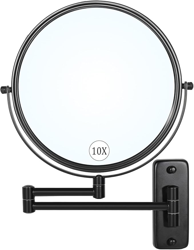 Large Size 9-in Wall Mounted Magnifying Makeup Mirror 1X/10X Magnification,Extendable Bathroom Mirrors Wall Mount Vanity Mirror for Shaving,12-in Folding Arm,Flexible Adjustable,Space-Saving,No Light