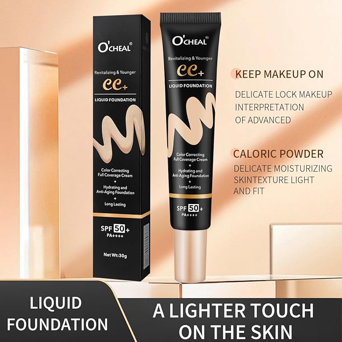 O'CHEAL CC Cream with SPF 50+, Hydrating Color Correcting Cream Full Coverage Lightweight Powder Foundation, Waterproof Long Lasting Pre-makeup Primer Facial Concealer Refine Skin Texture (Ivory)