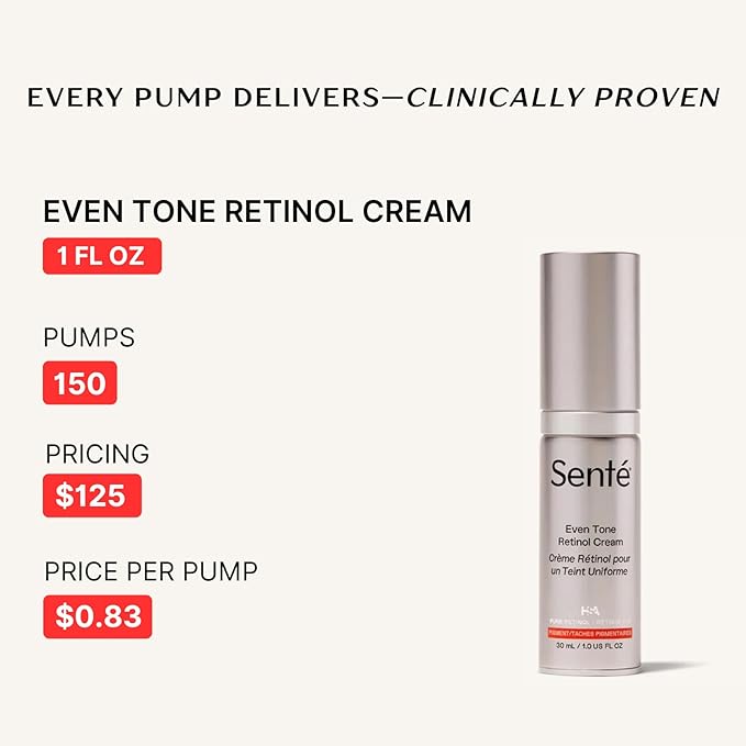 Senté Even Tone Retinol Cream | 0.5% Retinol Combined with HSA & Skin-Firming DSA | Improves Skin Tone, Texture, & Dark Spots | 1.0 Fl Oz