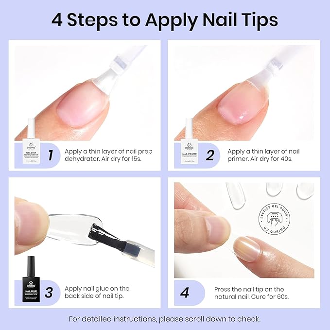 Beetles 3Pcs Gel Nail Glue Nail Dehydrator and Primer, Professional Nail Prep Acid-Free Hema-Free Dehydrate Bond Primer 9 in 1 Gel Glue Kit for Press On Nails Nail Tips Nail Extension Gifts for Women