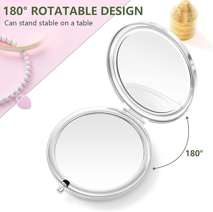Nipichsha Compact Mirror, Pocket Travel Makeup Mirror, 2 - Sided 2X / 1X Magnification, Small Folding Portable Handheld, 2.75 in Silver, Pink Gilt