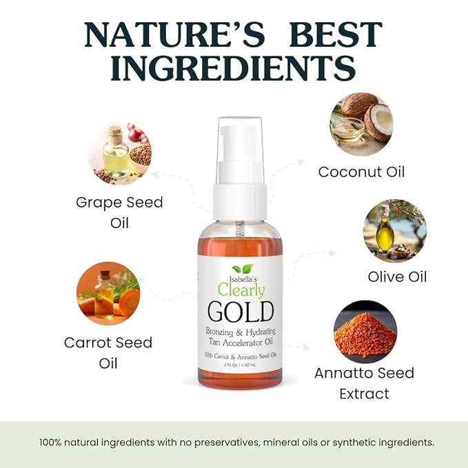 Isabella's Clearly GOLD, Natural Indoor and Outdoor Tanning Oil with Bronzer | Moisturizing Sun Tan Accelerator for a Healthy Bronze Glow with Carrot Seed Oil | Made in USA