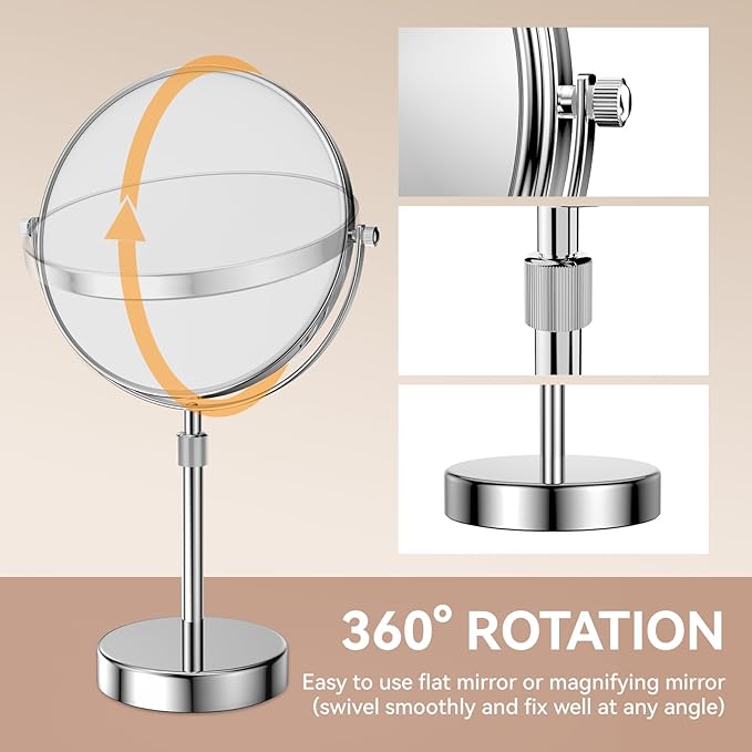 Nicesail Makeup Mirror Tabletop 8 Inch Double-Sided with 7X Magnification, Magnifying Mirror with Pedestal for Shaving Mirror, Height Adjustable for Make up Vainity Table, Chrome Finish (8 Inch, 7X)
