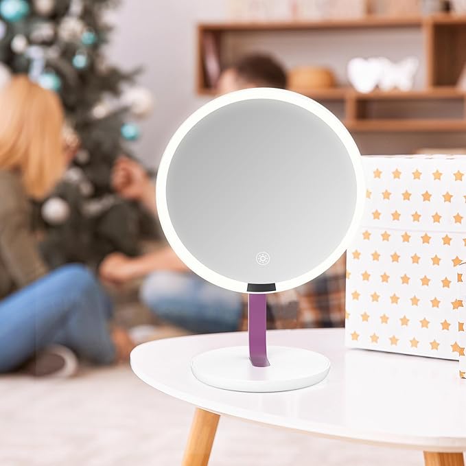 9.65-inch Lighting Makeup Mirror, 1x / 10x, Touch Control, 3-Color Adjustable, Metal Stand, up and Down Adjustable Makeup Mirror,High Color Rendering, Eye-Protecting Light Source,Pink