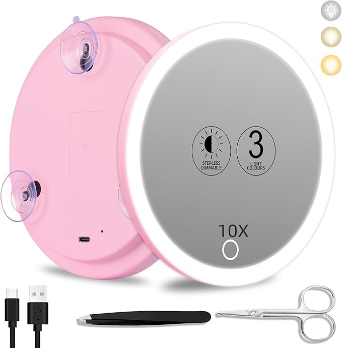 10x Lighted Magnifying Mirror with Suction Cups, Large 6'' Magnified Mirror with Light, Rechargeable Battery, 3 Colors Dimming Light, with Tweezers & Scissors