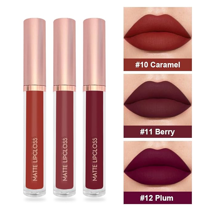 BestLand 3PCS Velvet Temptation Dark Nude Liquid Lipstick Set, Matte Lip Gloss Long Lasting Waterproof, Full Coverage Smudge Proof Lip Color with Caramel Berry Plum Shades for Bold Sexy Makeup Looks