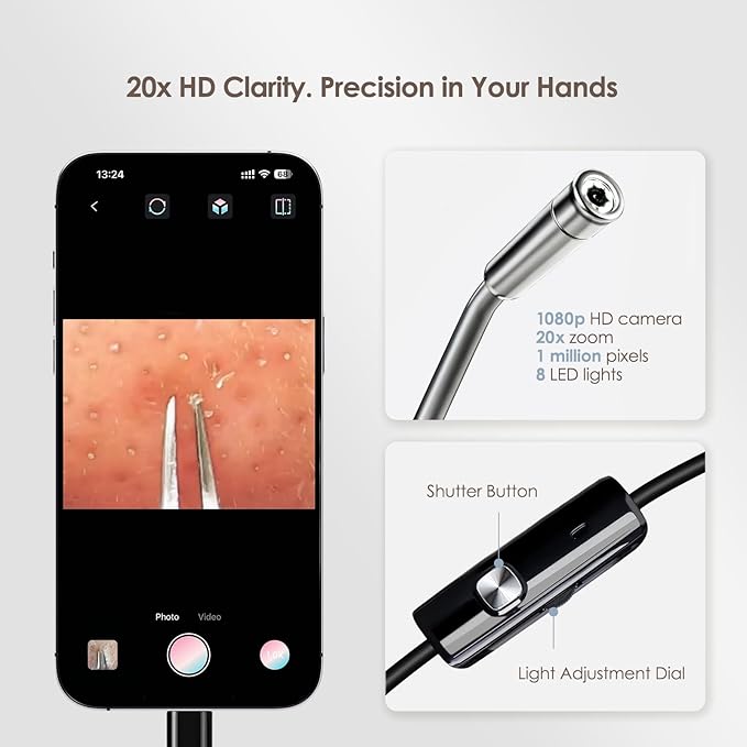 Luma 1 Visual Blackhead Remover Tweezers with Camera - Pimple Popper Tool with Camera 20x Magnification, 1080P, 8 LED Lights, with Blackhead Remover Pimple Popper Tool Kit (6 Piece Kit),Titanium