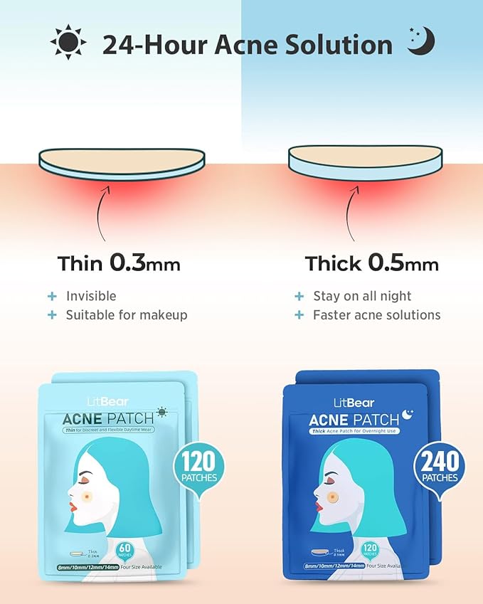 LitBear Acne Pimple Patches- Day and Night 4 Sizes 360 Dots Thin & Thick Hydrocolloid Patches with Witch Hazel, Tea Tree & Calendula Oil, Extra Adhesion Pimple Patches for Face Zit Patch Acne Dots