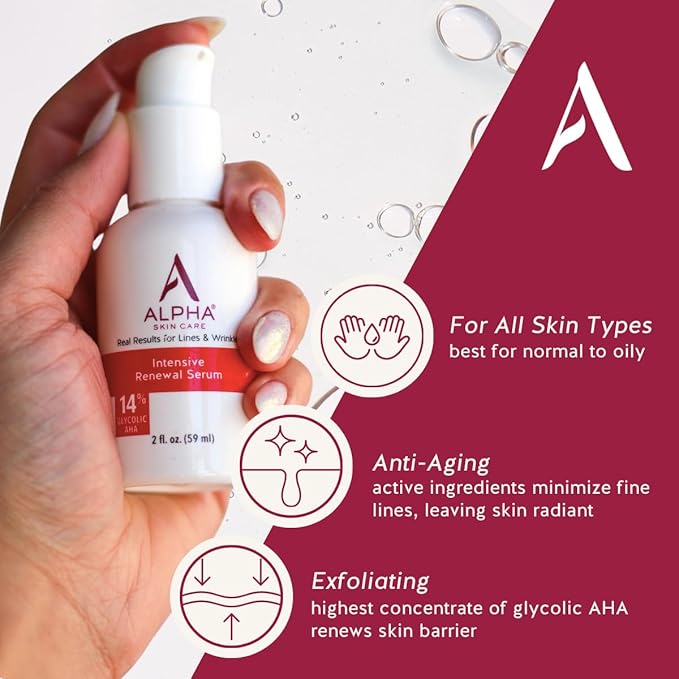 Alpha Skin Care Renewal Serum, 14% Glycolic AHA, Anti-Aging Formula, Reduces Lines & Wrinkles, Alpha Hydroxy Acid Exfoliates & Evens Skin Tones, Rejuvenates & Hydrates, 2 Oz, Pack of 2