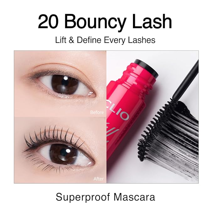 CLIO Kill Lash Superproof Mascara, Waterproof Mascara Black, Lifting & Lengthening, Precision Eyelash Curl, Long-Lasting, Clump & Smudge-Free, for Sensitive Eye, Korean Makeup Beauty (020 Bouncy Lash)